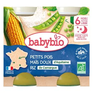 Babybio Bonne Nuit Pots Petits Pois Maïs Riso dai 6 mesi 2 x 200g