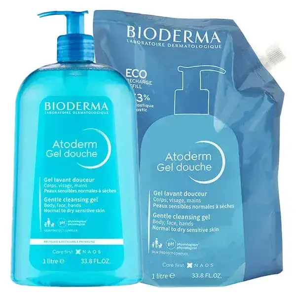 Bioderma Atoderm Gel douche Gel Douche Sans Savon Peaux Sèches Famille et éco-recharge 1L