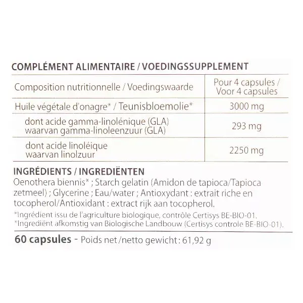 Pranarom  Aceite Vegetal Onagra 60 cápsulas blandas