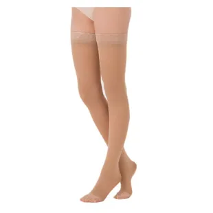 Calze autoportanti semitrasparenti Sigvaris Essential punta aperta classe 2 lunghe taglia XXL Dune