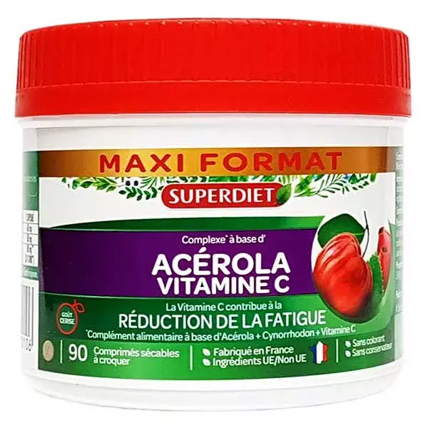 Superdiet Maxi Pot Acérola Vitamine C 90 comprimés sécables à croquer