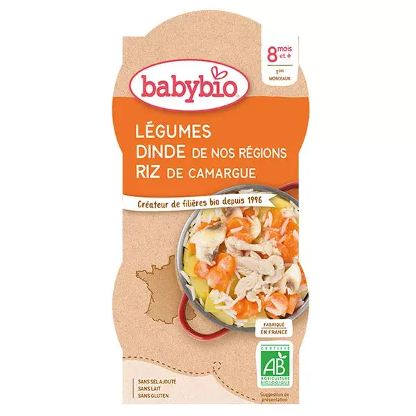 Babybio Repas Midi Bol Légumes Dinde Riz +8m Bio 2 x 200g