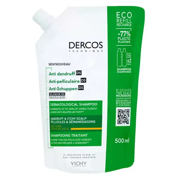 Vichy Dercos Anti-Pelliculaire DS Shampooing Traitant Cheveux Secs Éco-Recharge 500ml