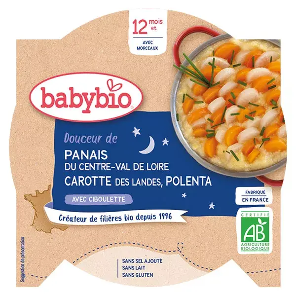 Babybio Bonne Nuit Assiette de Chirivía Dulce, Zanahoria la Polenta a partir de 12 meses 230g