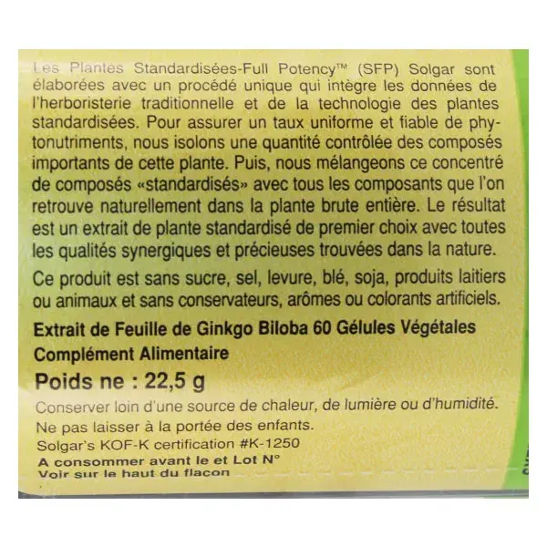 Solgar SFP Ginkgo Biloba 60 gélules végétales