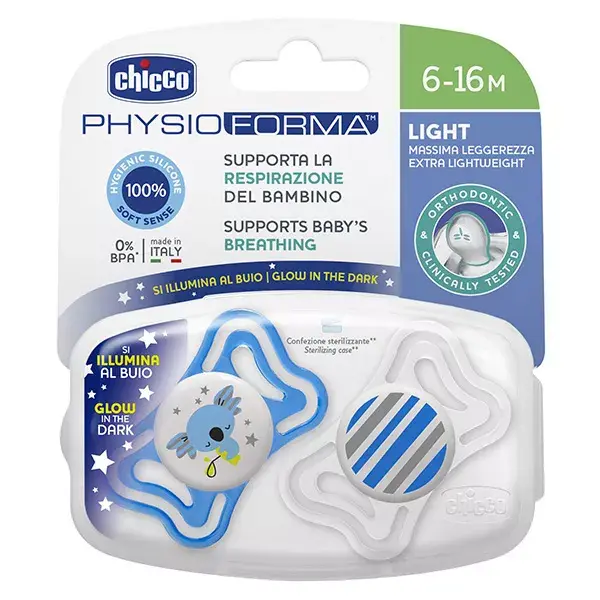 Chicco Physio Forma Light Sucette Silicone Phosphorescente +6m Koala Rayure Lot de 2 + Boite de Stérilisation