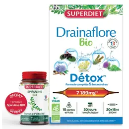 SUPERDIET Drainaflore Bio et Spiruline Bio - 20 ampoules de 15ml + 45 gélules