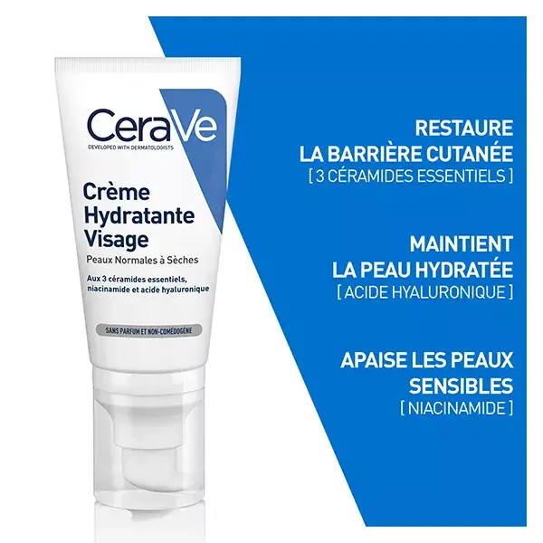 CeraVe Soins Crème Hydratante Visage Peaux Normales à Sèches 52ml