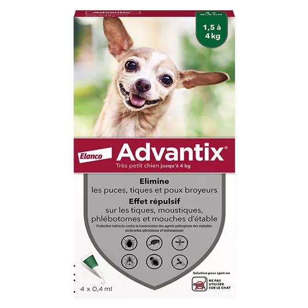 Advantix Chien Solution Antiparasitaire  Puces Tiques  Répulsif  Mouches Moustiques Phlébotomes 1,5 à 4kg 4 pipettes