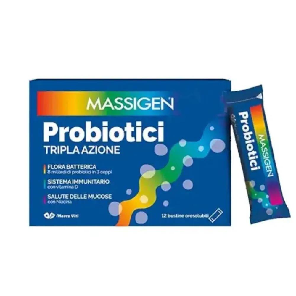 Massigen Probiotici Tripla Azione Integratore Fermenti Lattici per Flora Batterica e Sistema Immunitario 12 Stickpack