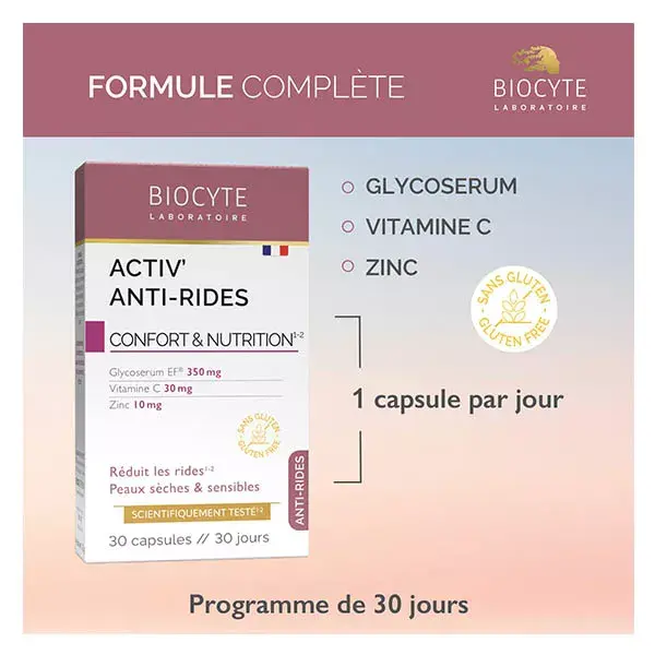 Biocyte Activ Anti-Rides Glycosérym EF® Vitamine C, Zinc 30 capsules