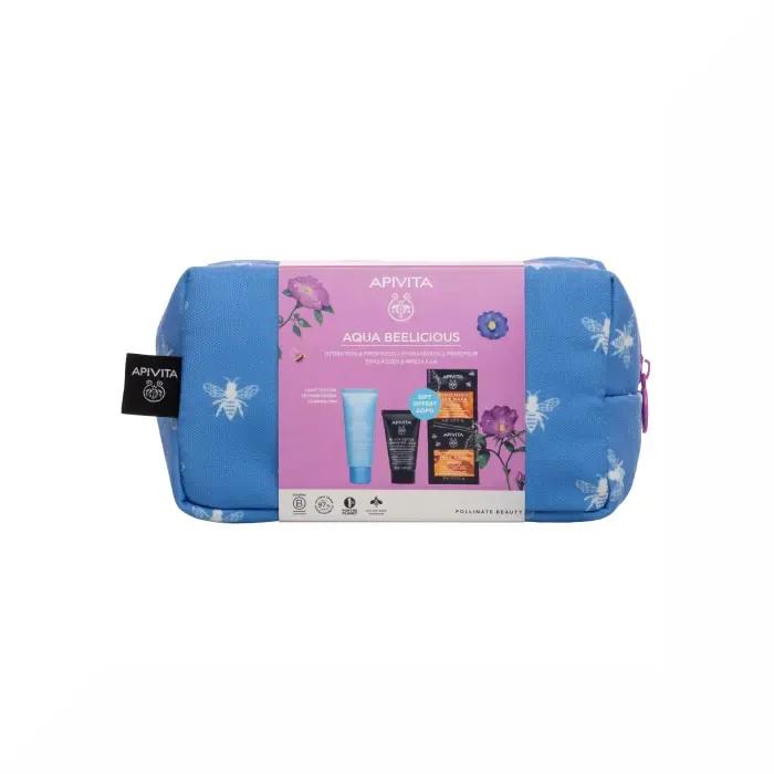 Apivita Cofanetto Aqua Beelicious Crema Texture Leggera+ Gel Detergente Viso+ Maschera+ Pochette