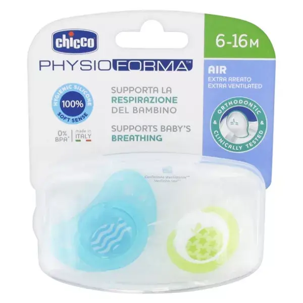 Chicco Physio Forma Air Silicone Pacifier +6m Apple Star Set of 2 + Sterilisation Box