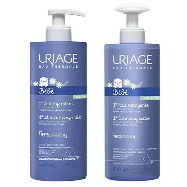 Uriage Bébé 1ère Eau Nettoyante Apaisante Visage Corps 500ml + Uriage Bébé 1er Lait Hydratant Visage Corps 500ml