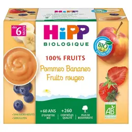 Hipp Bio 100% Fruits Coupelle Pommes Bananes Fruits Rouges +6m 4 x 100g