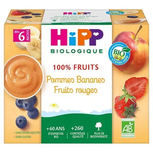 Hipp Bio 100% Fruits Coupelle Pommes Bananes Fruits Rouges +6m 4 x 100g