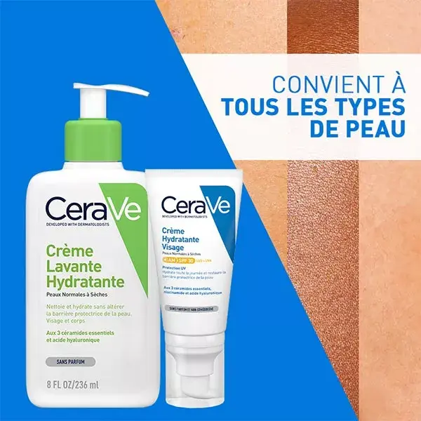 Cerave Routine Visage Peaux Sèches Crème Lavante Hydratante 236ml & Crème Hydratante Visage SPF30 52ml