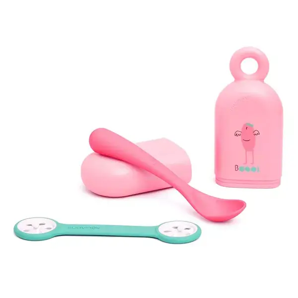 Suavinex Spoon Set + Spoon holder + Pink Napkin Clip