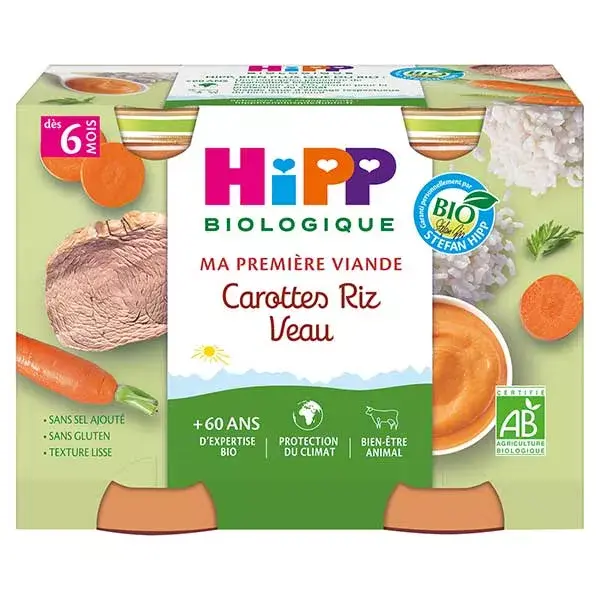 Hipp Mi primera carne orgánica Zanahorias Arroz de ternera + 6m Lote de 2x190g