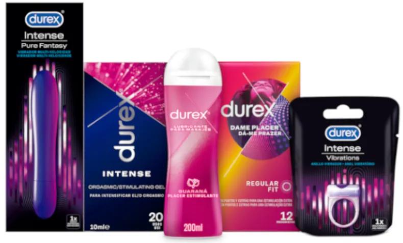 Durex Big Pack Vibromasseur Intense Orgasmic Pure Fantasy + Anneau Vibrant Intense Orgasmic + Gel Intense Orgasmic + Lubrifiant Play Massage 2 en 1 + Préservatifs Give Me Pleasure