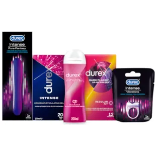Durex Big Pack Vibrador Intense Orgasmic Pure Fantasy + Anillo Vibrador Intense Orgasmic + Gel Intense Orgasmic + Lubricante Play Massage 2 en 1 + Preservativos Dame Placer