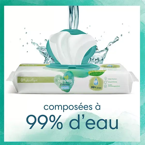 Pampers lingettes Harmonie Aqua 0% plastique 100% fibres d'origine végétale 99% d'eau 3x48 lingettes