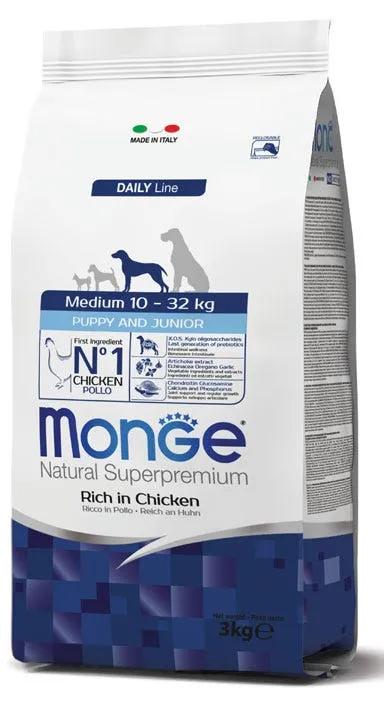 Monge Medium Puppy & Junior Ricco Di Pollo Cibo Secco Per Cani Cuccioli Taglia Media Sacco 3 Kg