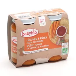 Babybio Petits Pots Légumes & Pâtes façon Bolognaise Bœuf fermier de Nouvelle-Aquitaine +6m Bio 2 x 200 g