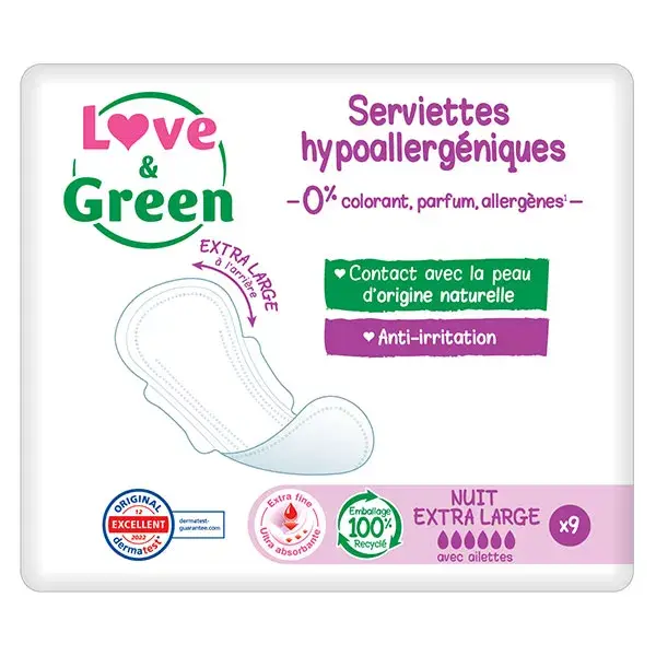 Love & Green Hygiène Féminine Serviette Hypoallergénique Nuit Extra Large 9 unités