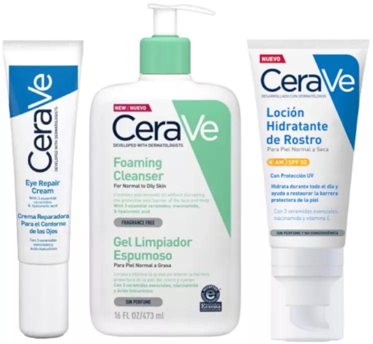 CeraVe Gel Nettoyant Moussant 473 ml + Contour des Yeux 14 ml + Lotion Hydratante SPF50 52 ml