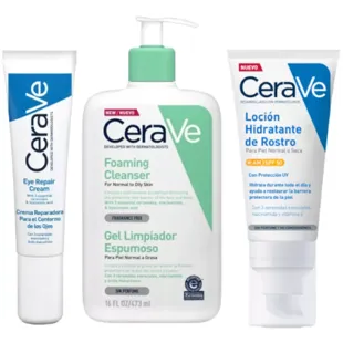 CeraVe Gel Limpiador Espumoso 473 ml + Contorno Ojos 14 ml + Loción Hidratante SPF50 52 ml