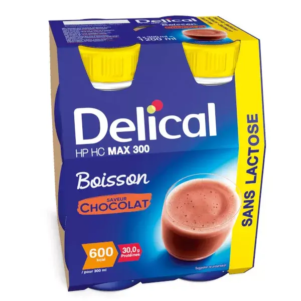 Delical Boisson HP HC Max 300 sans Lactose Chocolat Lot de 4 x 300ml