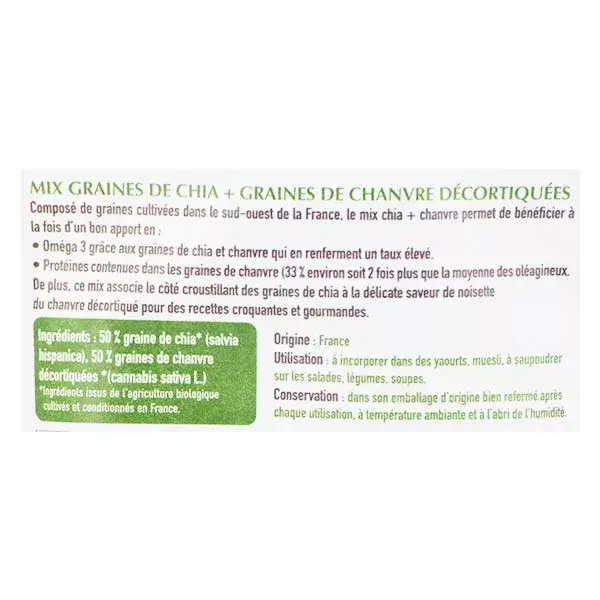 Tonic Nature Chia Graine et Chanvre Graines Décortiquées Bio France 200g