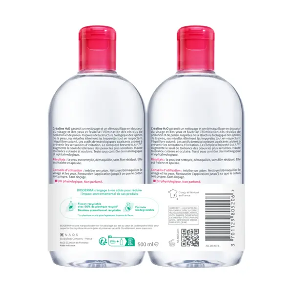 Bioderma Créaline H2O Eau Micellaire Démaquillante Lot de 2 x 500ml 