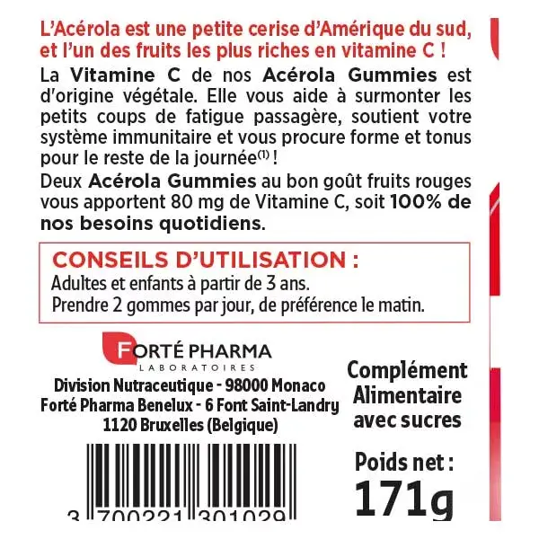 Forté Pharma Acérola Gummies Vitamine C 60 Gommes Energie Coup de fatigue