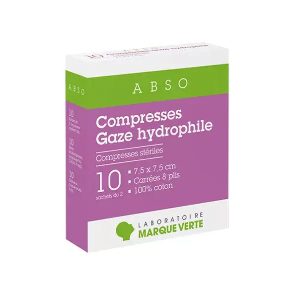 Marque Verte Compresses Stériles Gaze Hydrophile 7,5cm x 7,5cm 10 x 2 compresses