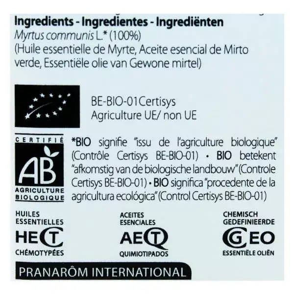Pranarm aceite esencial orgnico Myrtle a cineol 5ml