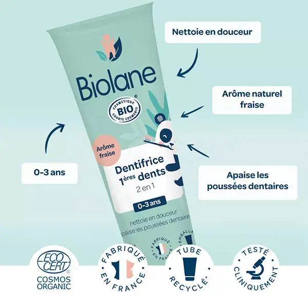 Biolane - Dentifrice Bio - Bébé - Nettoie les 1ères dents - goût fraise - 50 ml