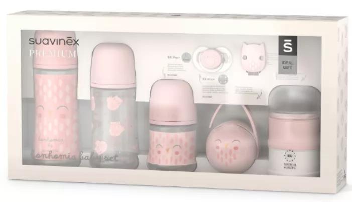 Suavinex Set Babyflessen + Fopspeen 0-6m + Dispenser + Fopspeenhouder + Roze Bonhomia Broche