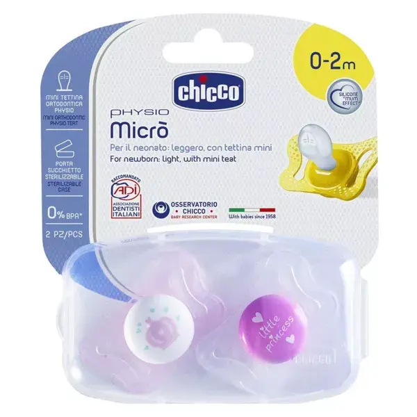 Chicco Physio Micro Sucette Silicone +0m Couronne Carrosse Lot de 2
