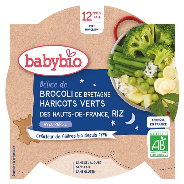 Babybio Bonne Nuit Assiette de Brócoli, Judías Verdes y Arroz a partir de 12 meses 230g