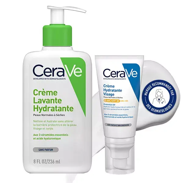 Cerave Routine Visage Peaux Sèches Crème Lavante Hydratante 236ml & Crème Hydratante Visage SPF30 52ml