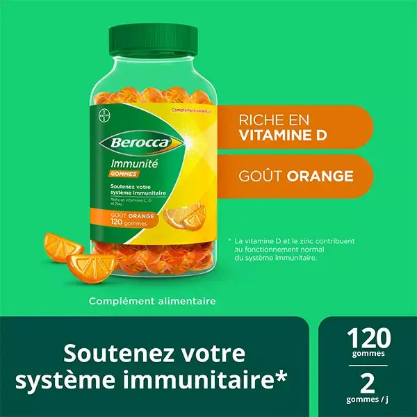Berocca® Immunité 120 gummies Multivitamines et Minéraux Complément Alimentaire Goût Orange