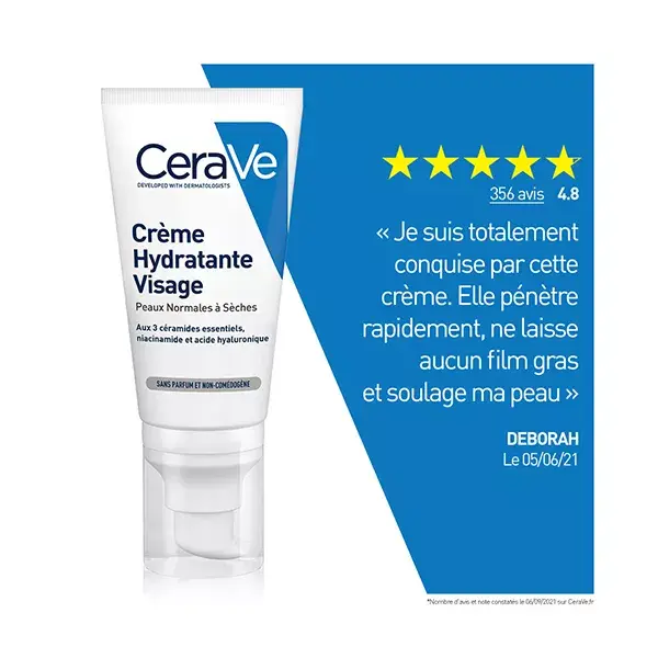 CeraVe Soins Crème Hydratante Visage Peaux Normales à Sèches 52ml