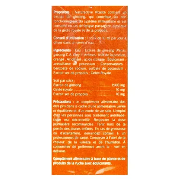 Naturactive Vitalité Ginseng Gelée Royale & Propolis Goût Orange Lot de 2 x 20 sticks