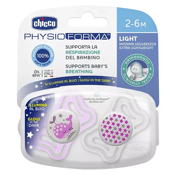 Chicco Physio Forma Light 2-6m Silicona Fosforescente Lote de 2+ Caja de Esterilización Ballena y Estrella Rosa