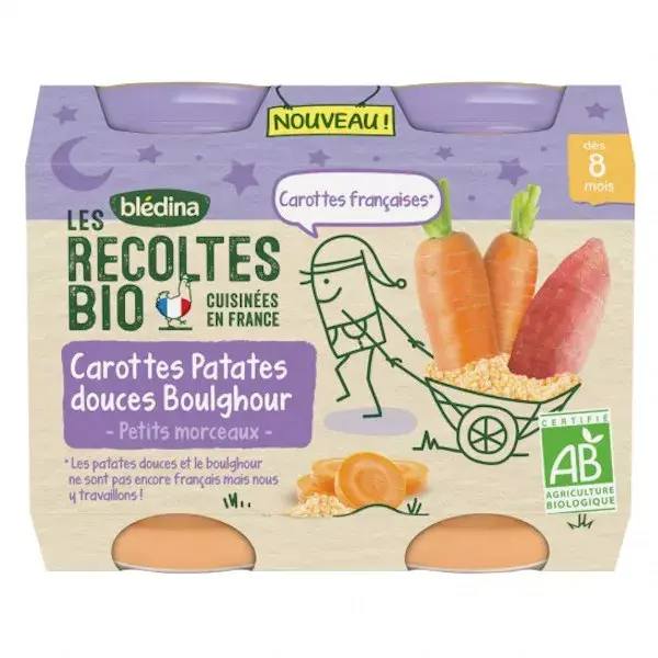 Blédina Les Récoltes Bio Pot Carottes Patates Douces Boulghour +8m 2 x 200g