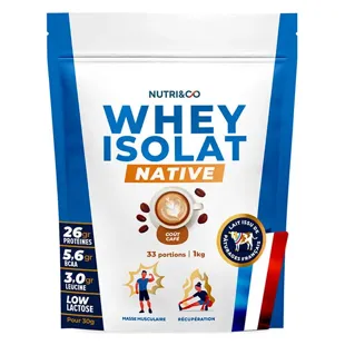 Proteine ​​in polvere isolate del siero del latte nativo Nutri&Co - 1 kg gusto caffè