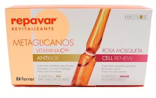 Repavar Revitalizante Vitamina C-Metaglicanos Antiedad 15 Ampollas + Rosa Mosqueta Cell Renew 15 Ampollas.