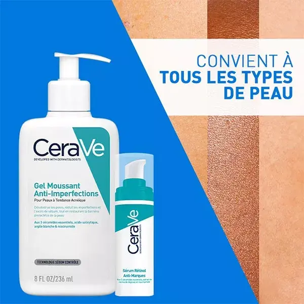 Cerave Routine Visage Anti-Marques Gel Moussant Anti-Imperfections 236ml & Serum Rétinol 30ml